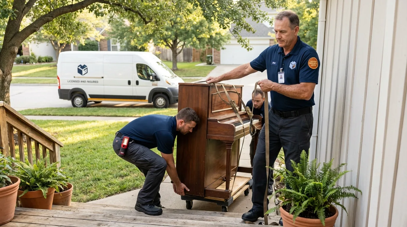 Licensed piano movers securing grand piano in Winchester, IL