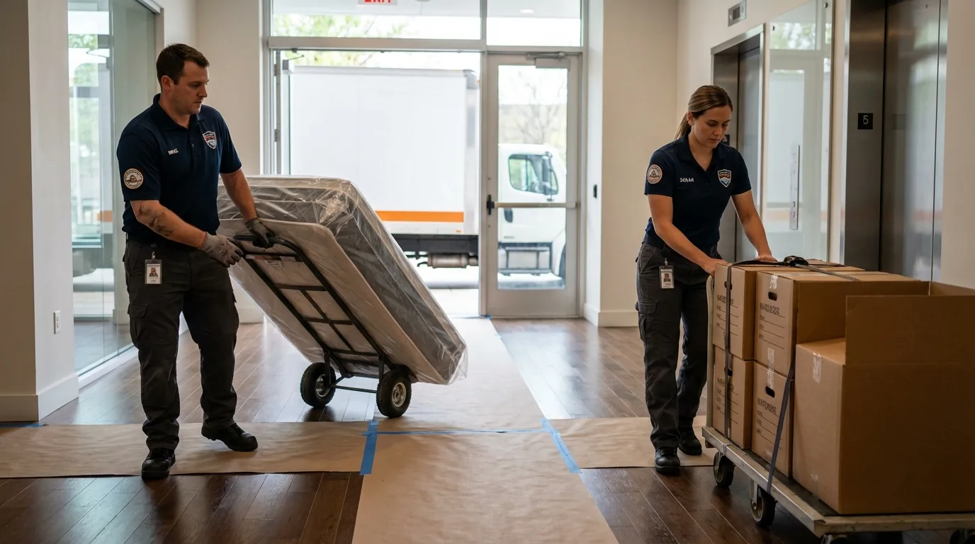 Professional apartment movers loading elevator in Winchester, IL