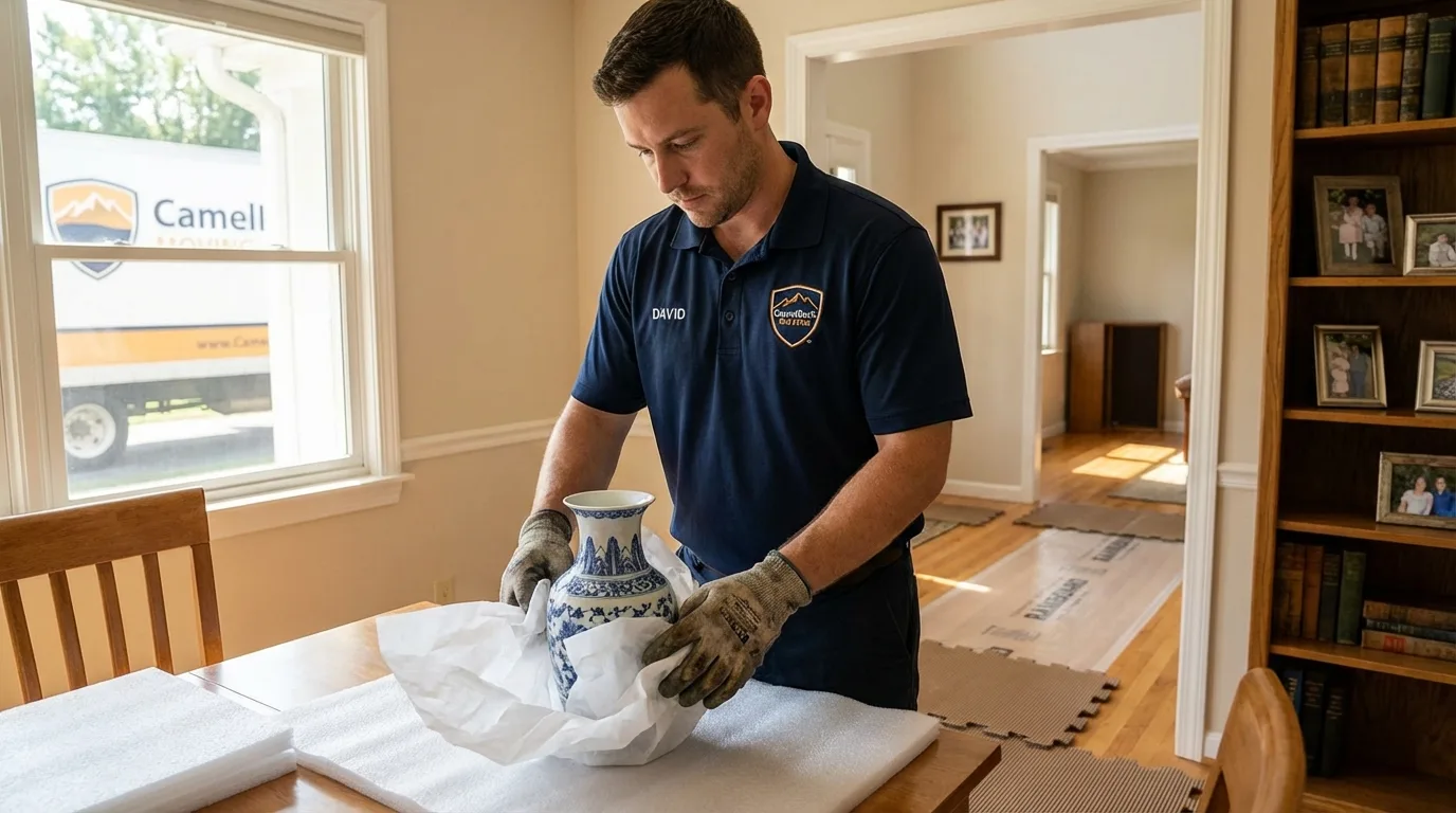 Professional crew carefully wrapping antique vase for senior downsizing move in Winchester, IL